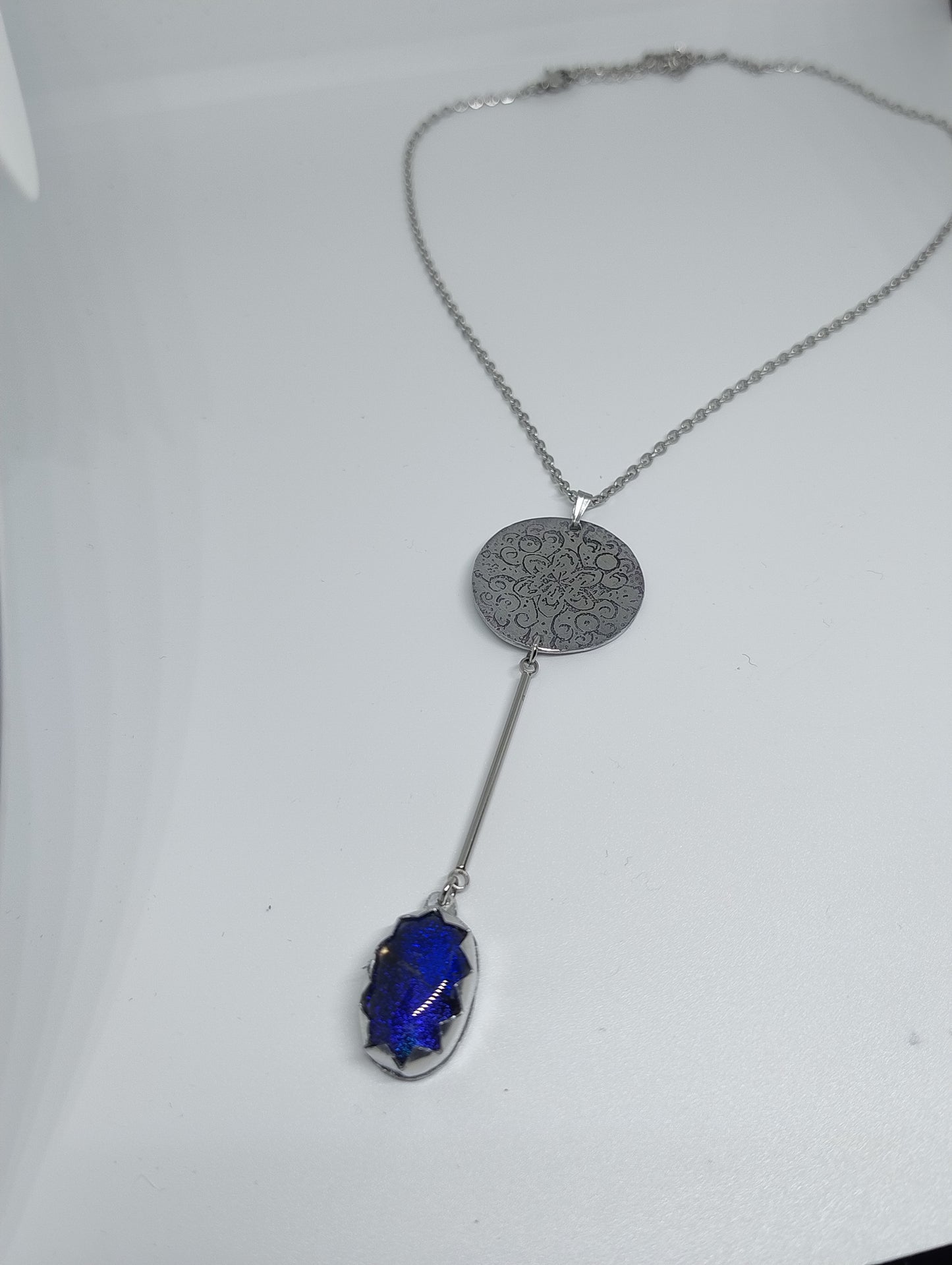 Bhrama silver color and blue chakra necklace with mandala and glass LEIA&CO
