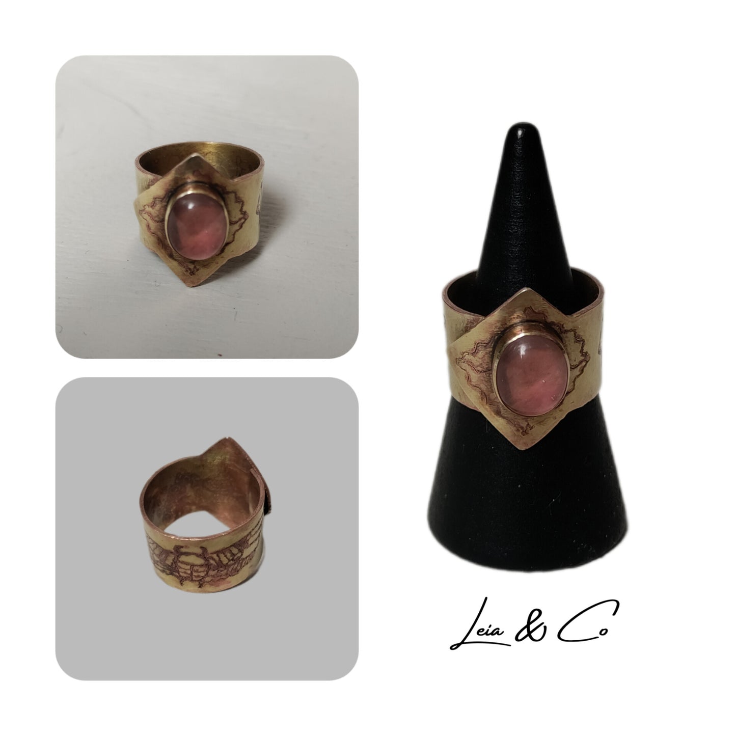Bague ajustable laiton patiné avec symboles égyptiens et quartz rose LEIA&CO