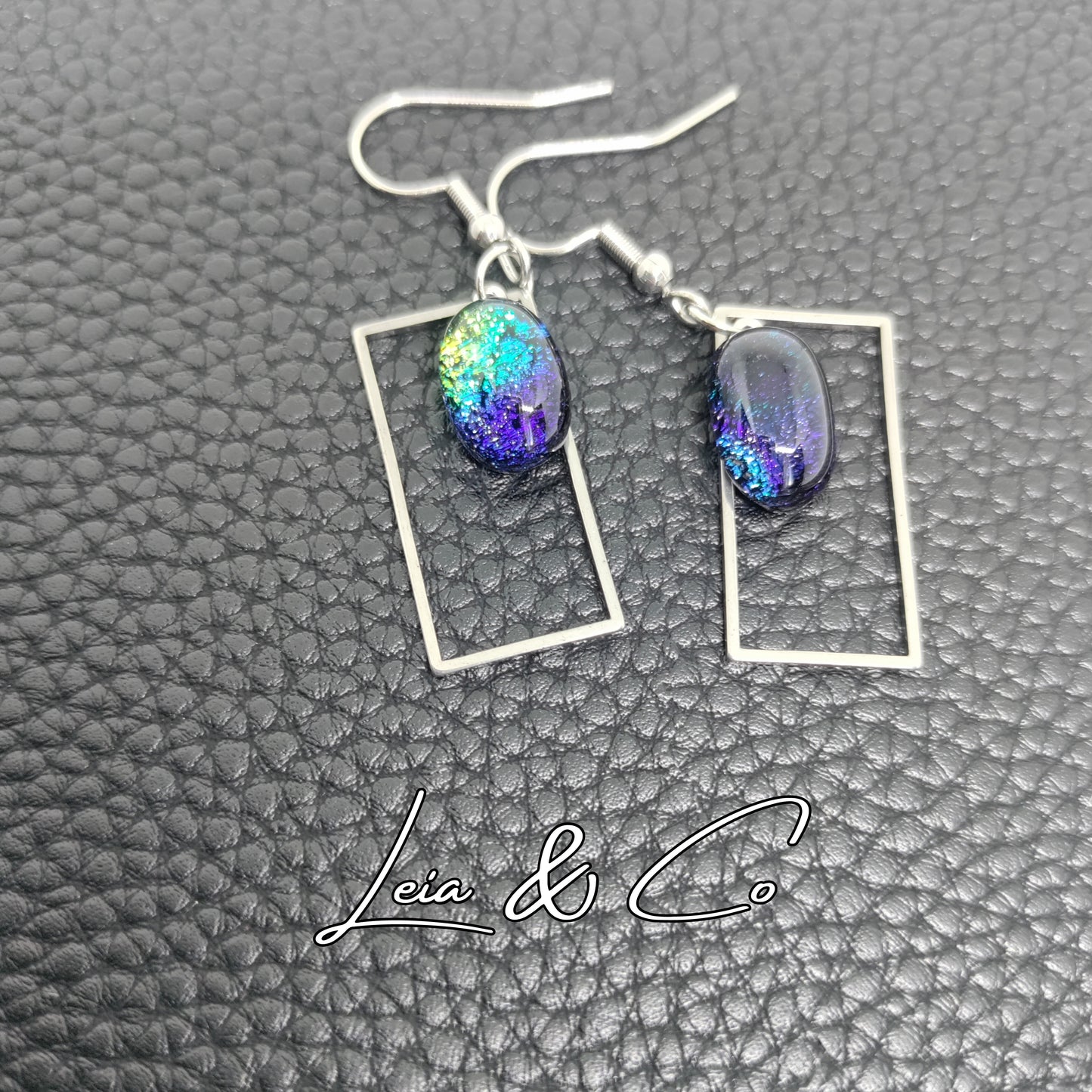 Geometric dangling earrings with multicolor blue dichroic glass LEIA&CO