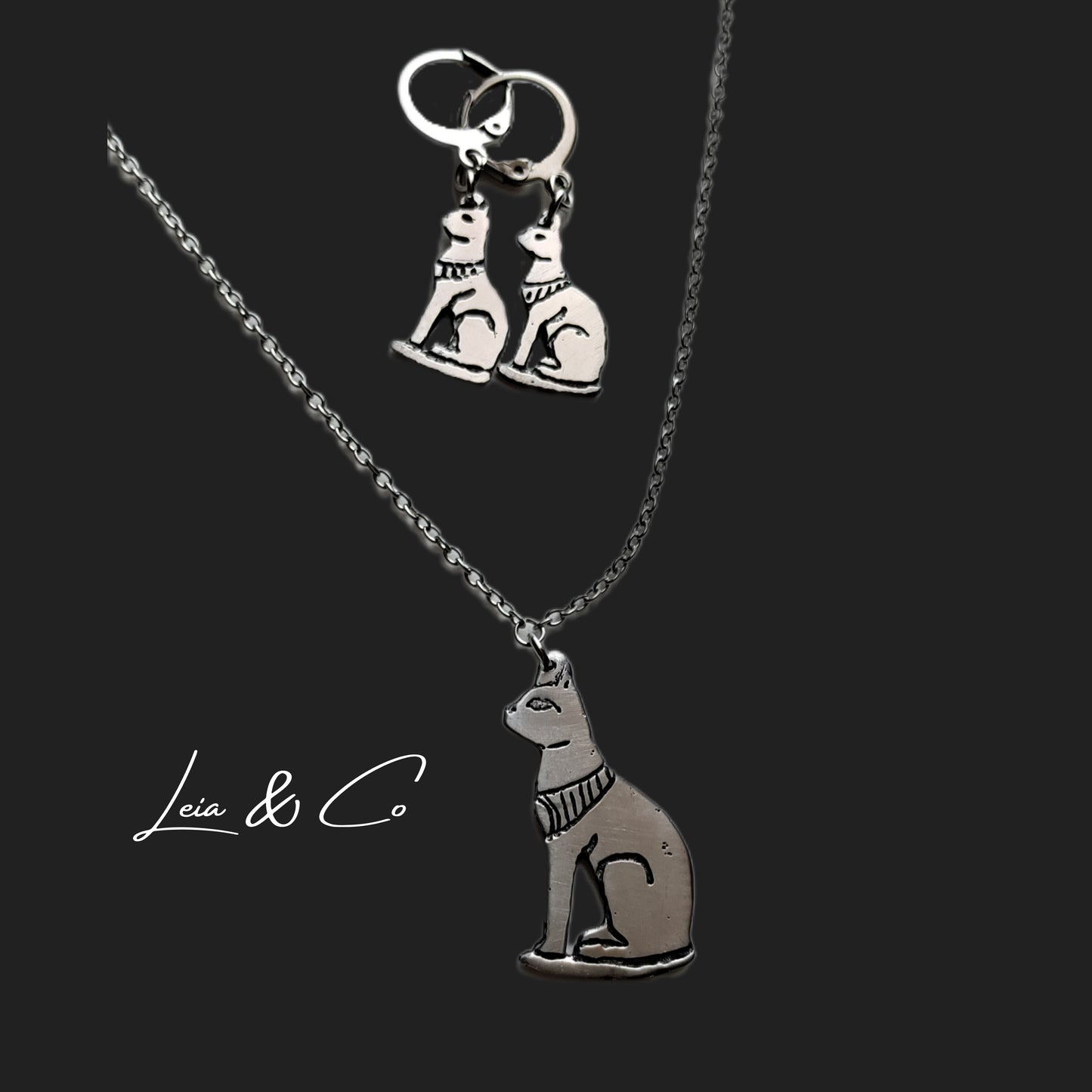 Parure collier et boucles d'oreilles Bastet déesse chat égyptien LEIA&CO
