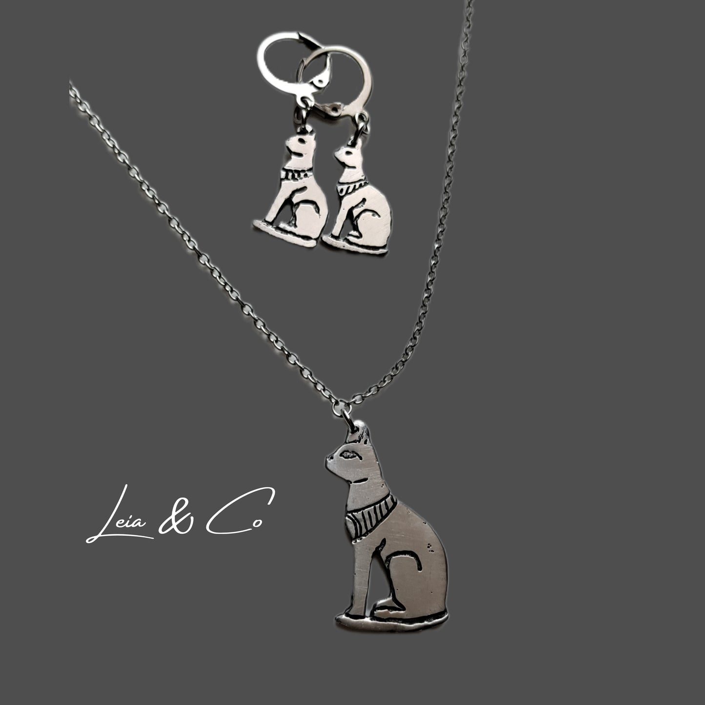 Parure collier et boucles d'oreilles Bastet déesse chat égyptien LEIA&CO