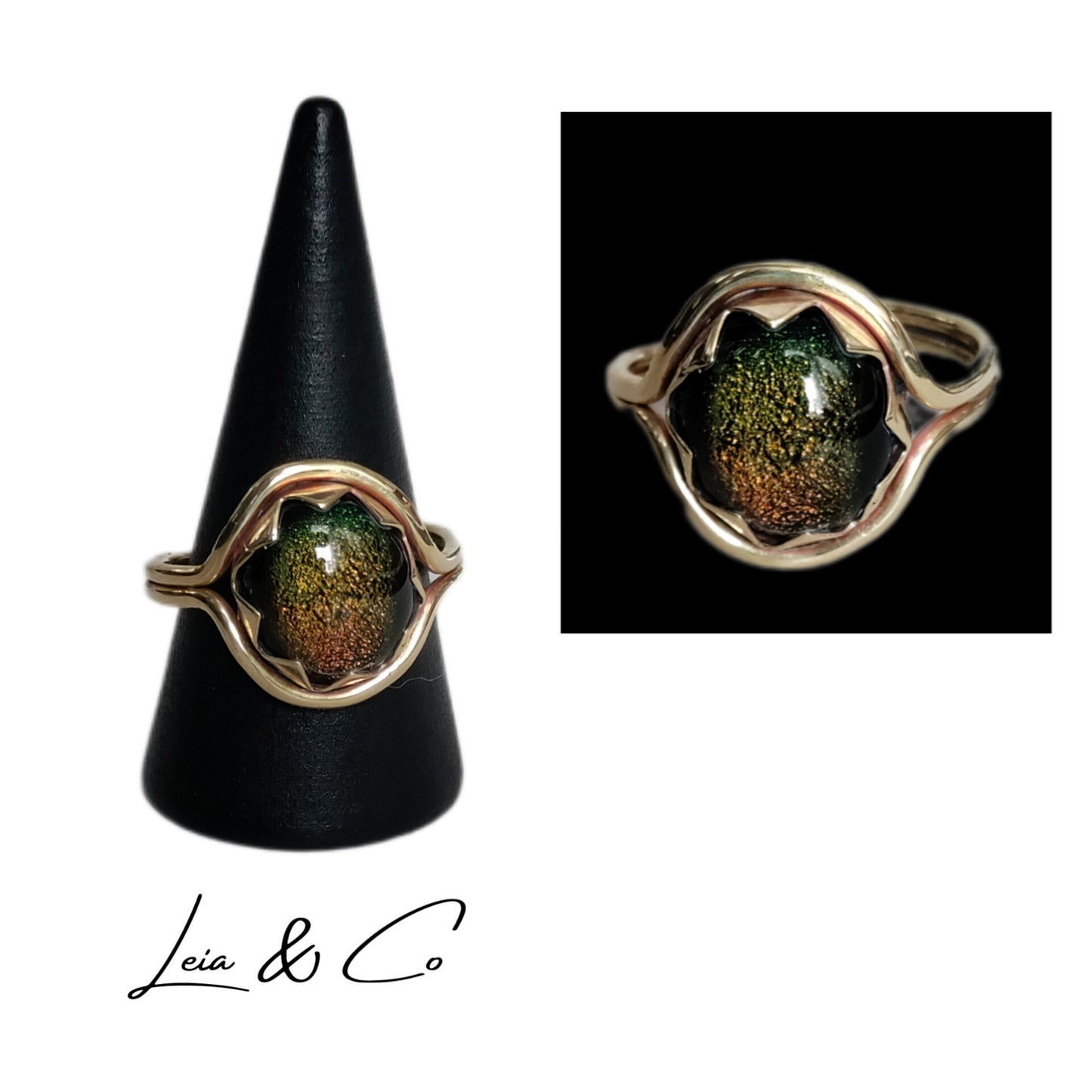 Bague ajustable dorée oeil de dragon vert faite main