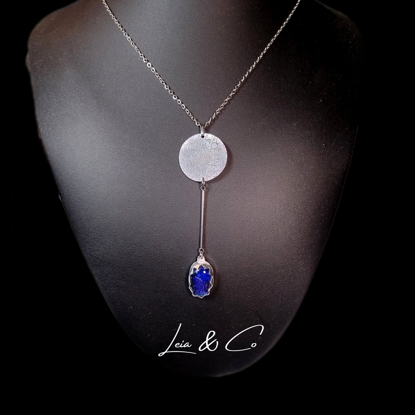 Bhrama silver color and blue chakra necklace with mandala and glass LEIA&CO