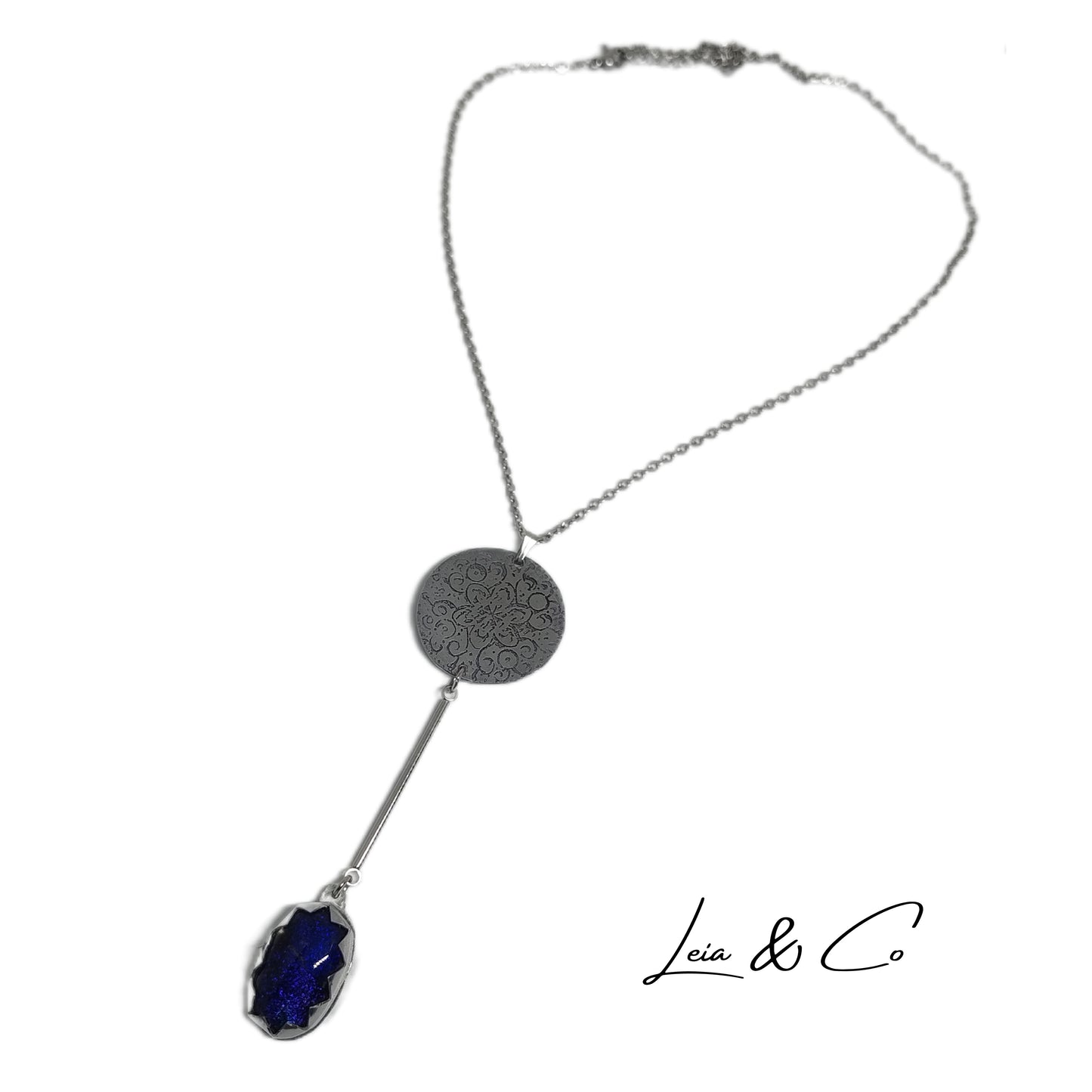 Bhrama silver color and blue chakra necklace with mandala and glass LEIA&CO