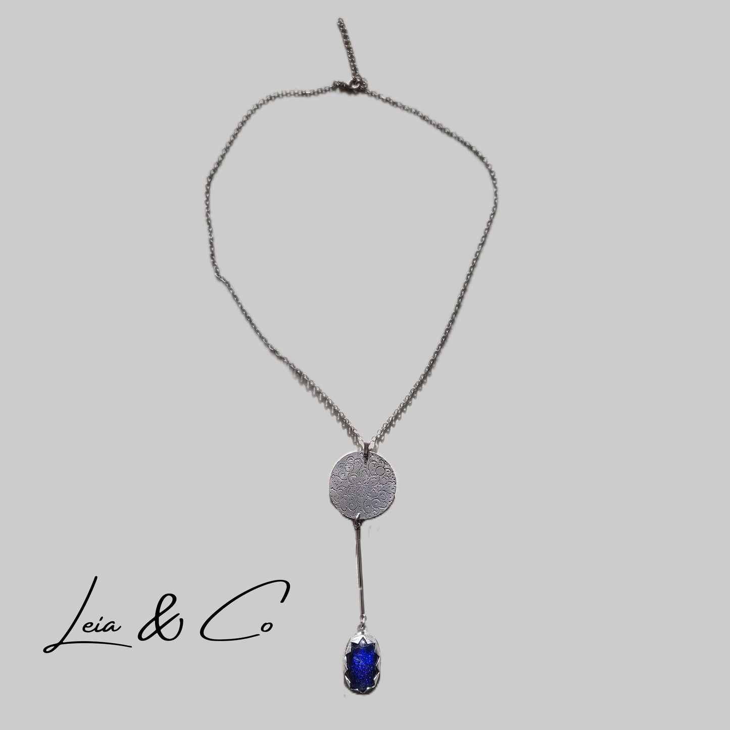 Bhrama silver color and blue chakra necklace with mandala and glass LEIA&CO