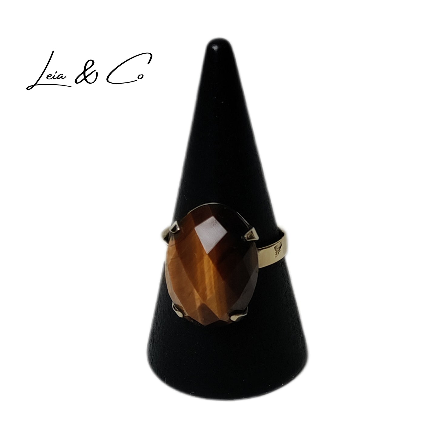 Bague artisanale en laiton doré et oeil de tigre à facettes LEIA&CO taille 53