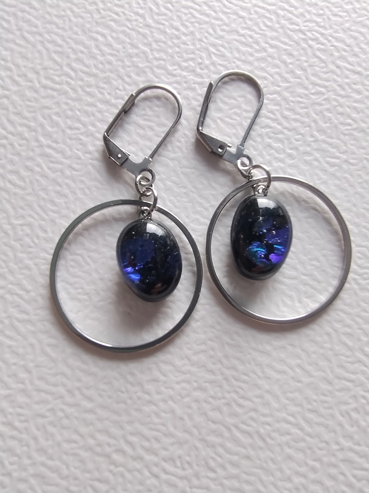 Geometric dangling earrings with multicolor blue dichroic glass LEIA&CO