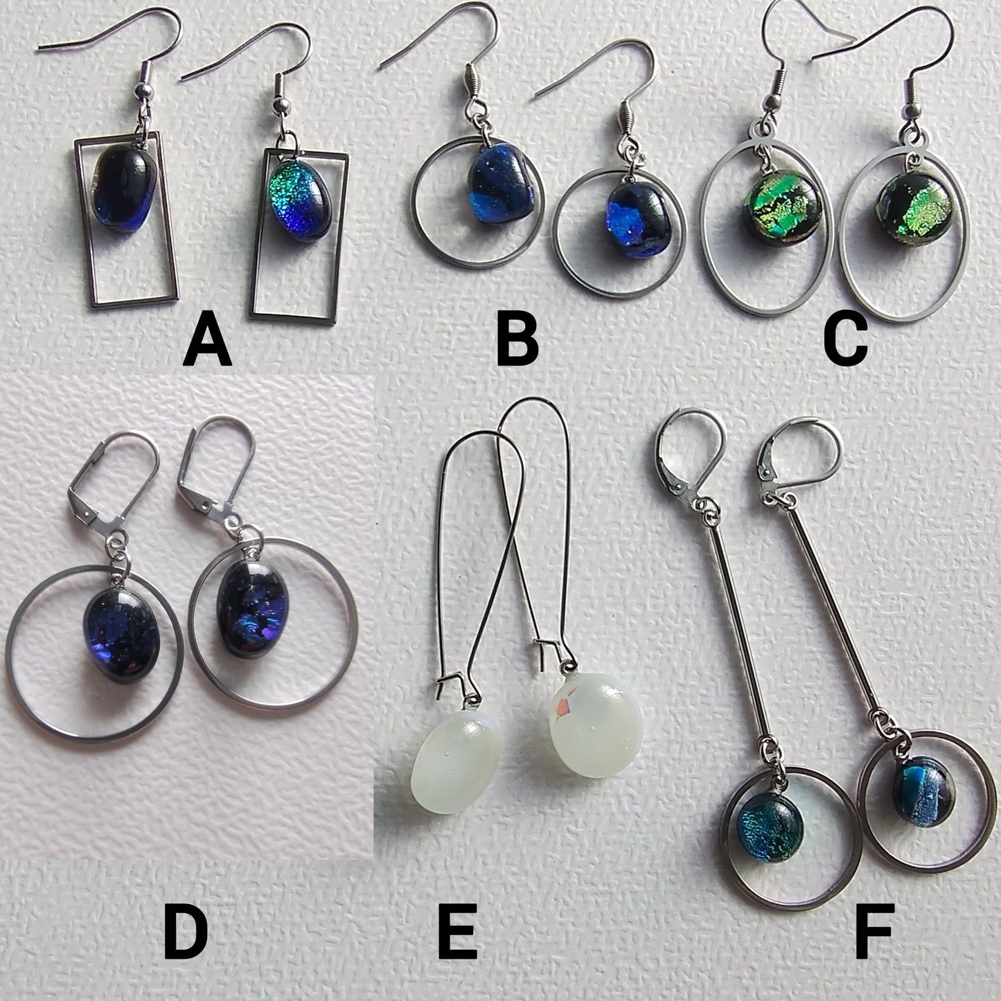 Geometric dangling earrings with multicolor blue dichroic glass LEIA&CO