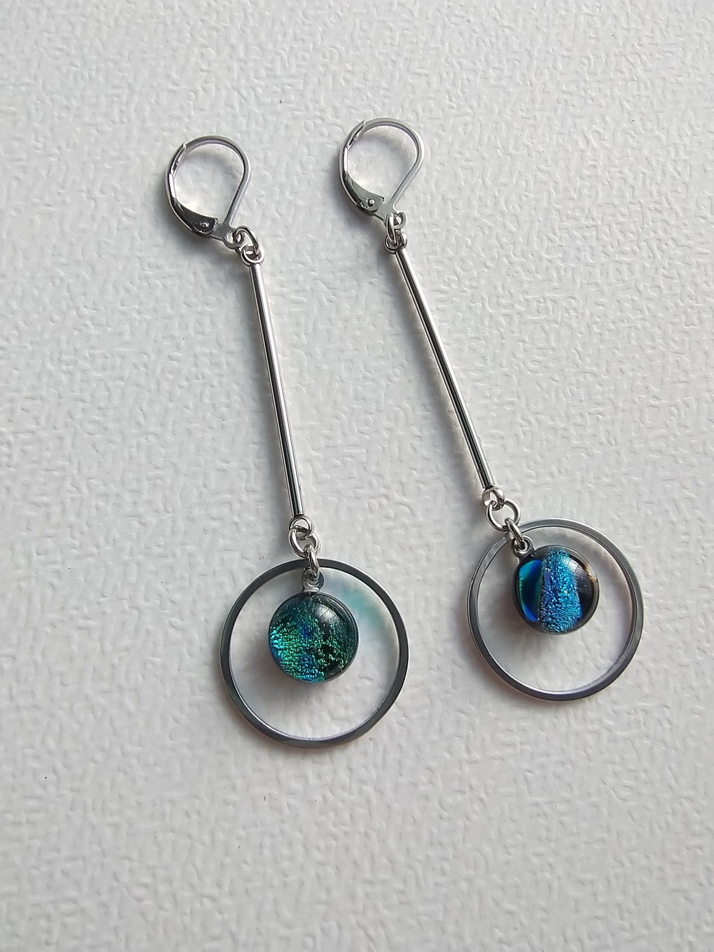 Geometric dangling earrings with multicolor blue dichroic glass LEIA&CO