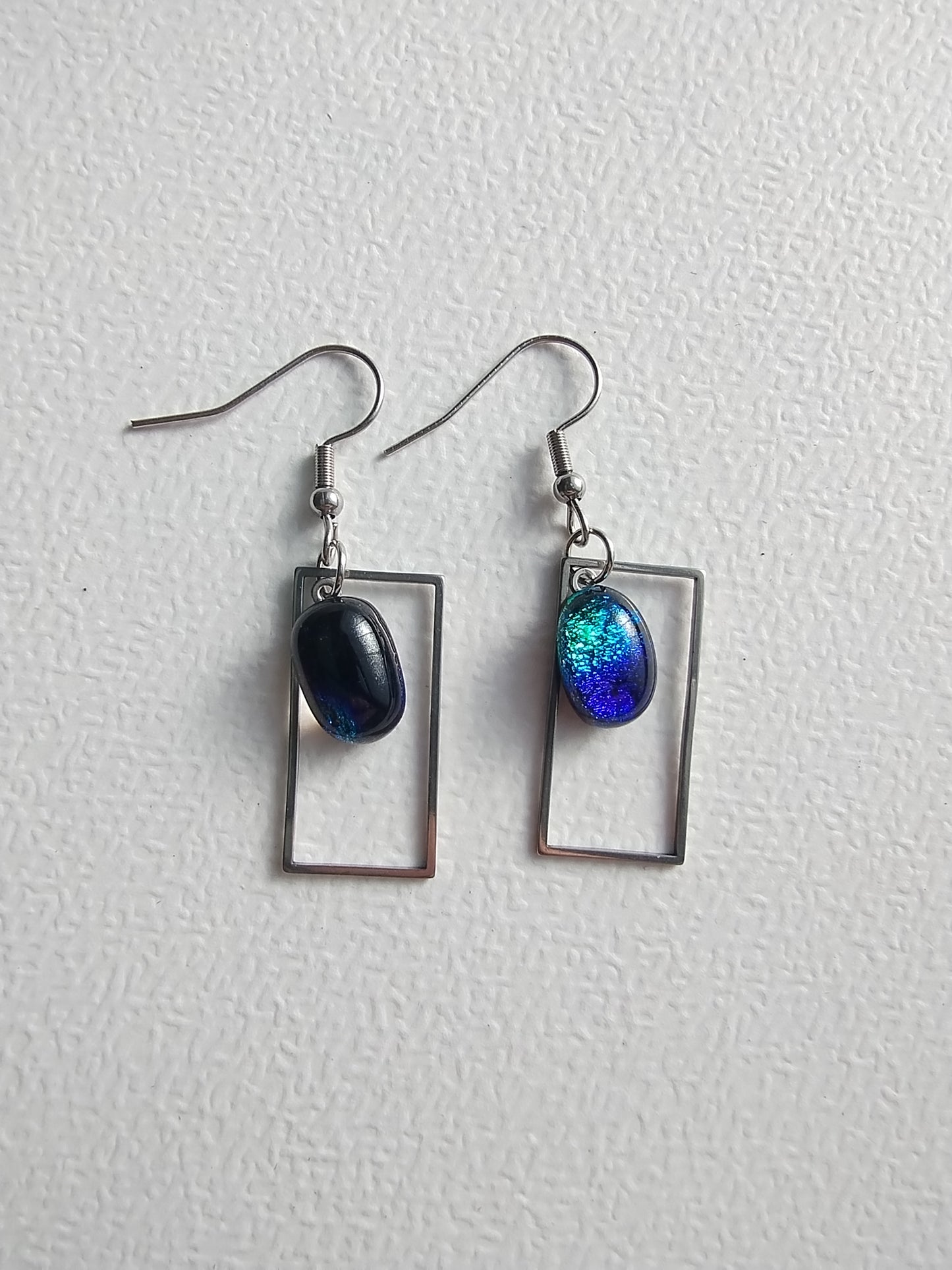 Geometric dangling earrings with multicolor blue dichroic glass LEIA&CO