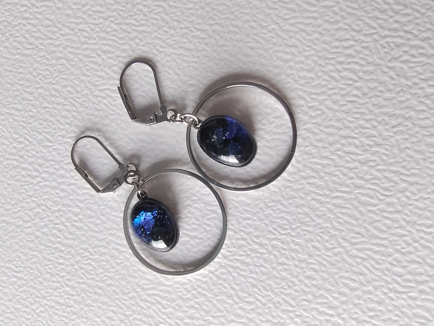 Geometric dangling earrings with multicolor blue dichroic glass LEIA&CO