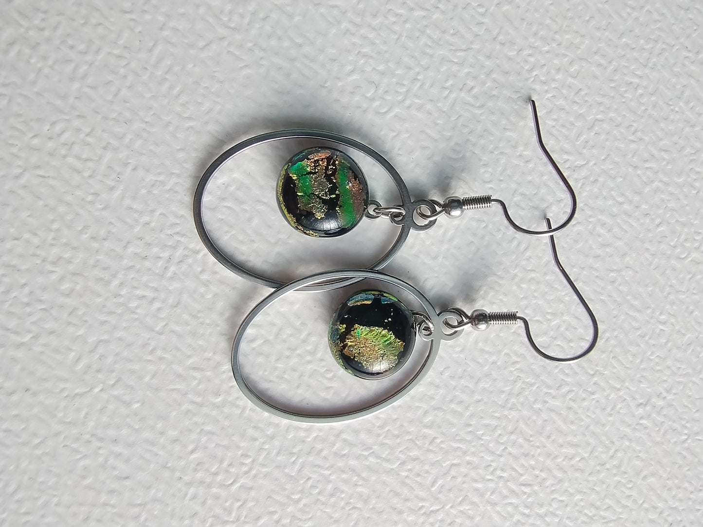 Geometric dangling earrings with multicolor blue dichroic glass LEIA&CO