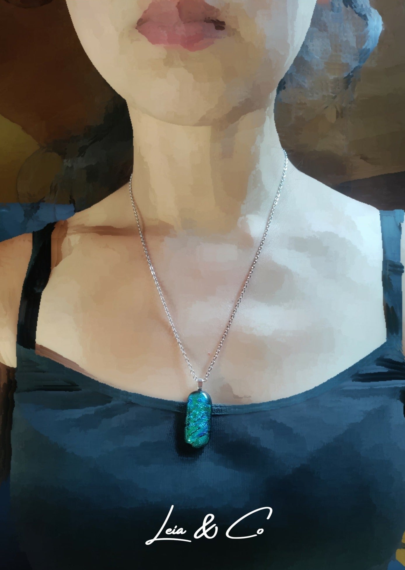 Pendentif en verre dichroïque bleu turquoise vert LEIA&CO