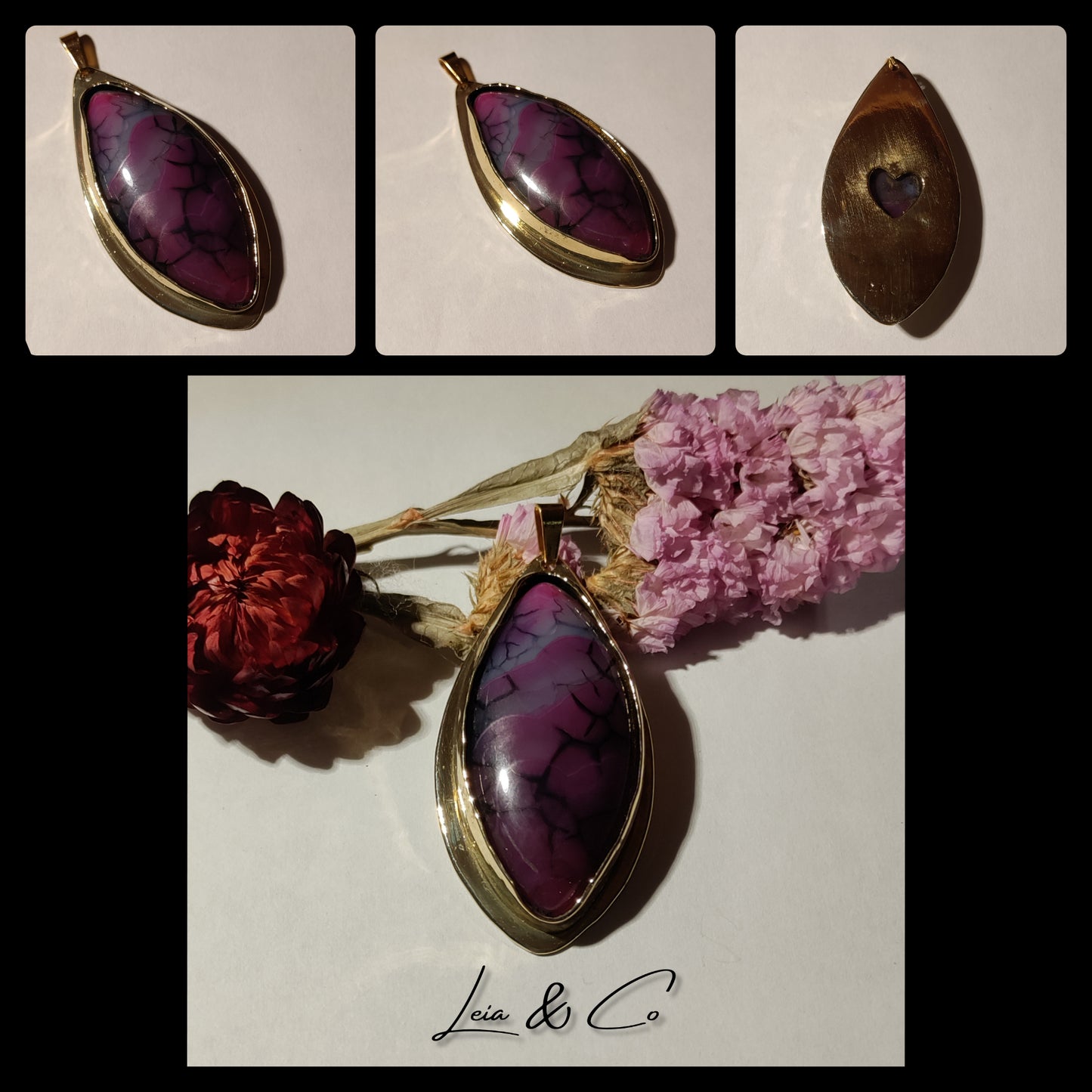 Pendentif laiton doré et agate rose veines de dragon LEIA&CO