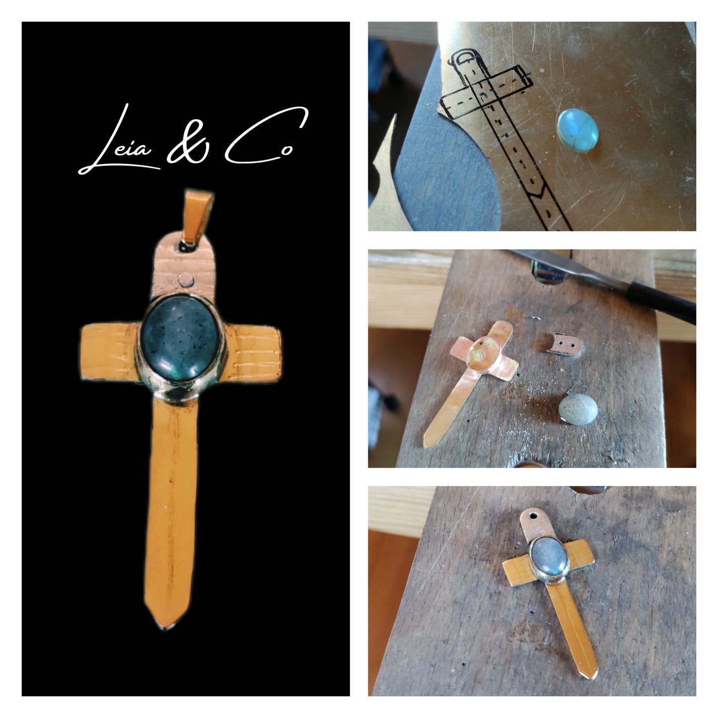 Pendentif Excalibur épée croix en laiton avec labradorite naturelle LEIA&CO