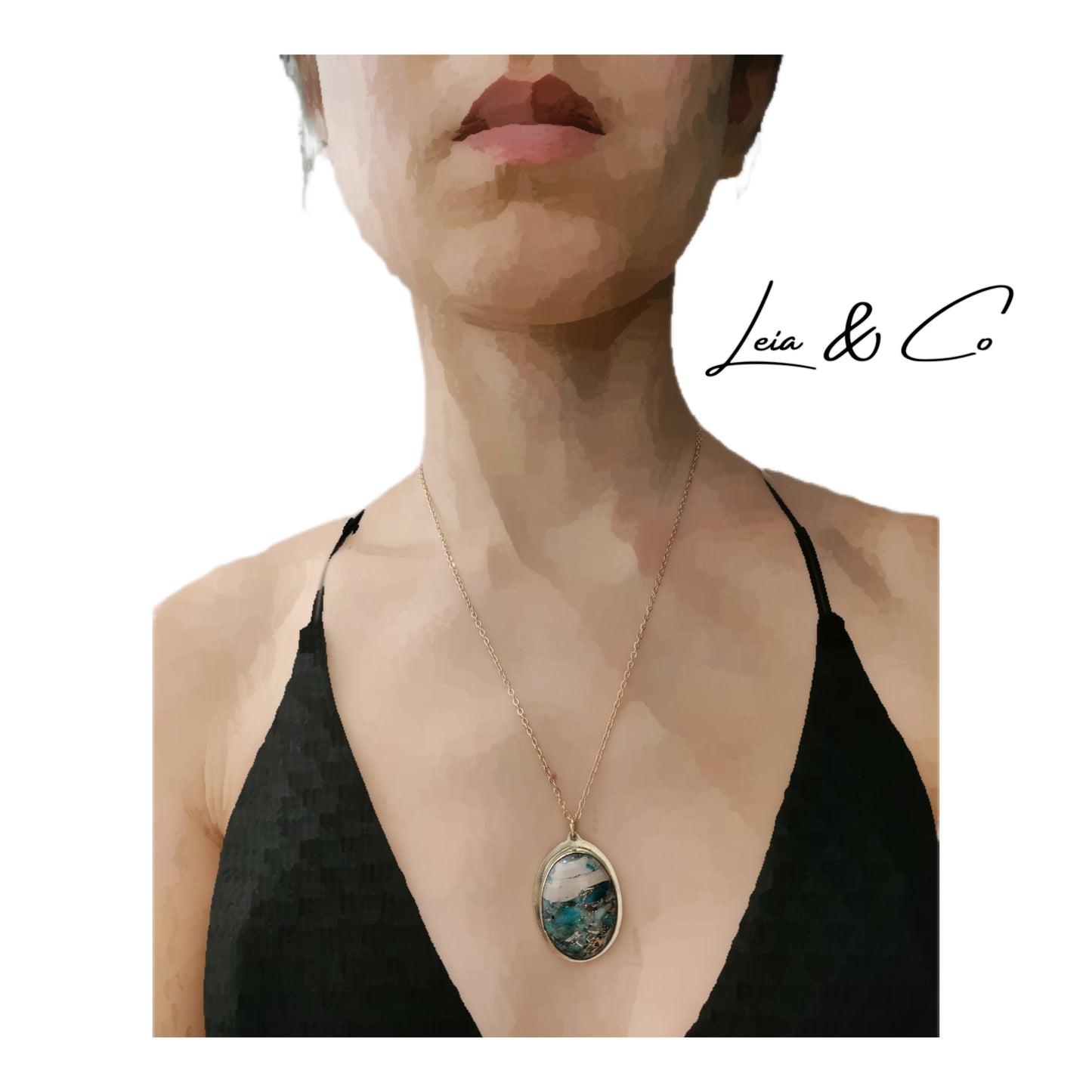 Pendentif doré et pierre de Jaspe turquoise et vert LEIA&CO