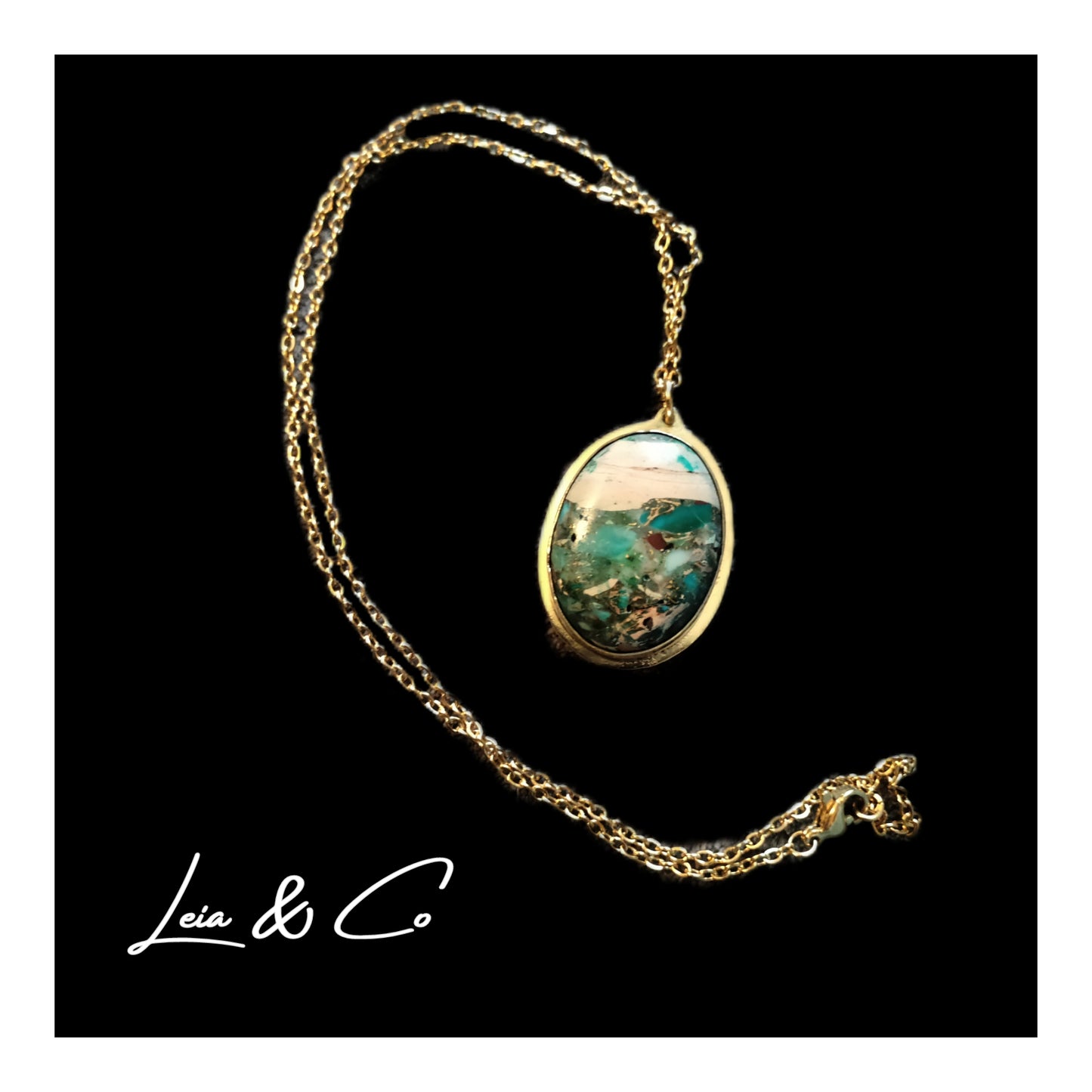 Pendentif doré et pierre de Jaspe turquoise et vert LEIA&CO