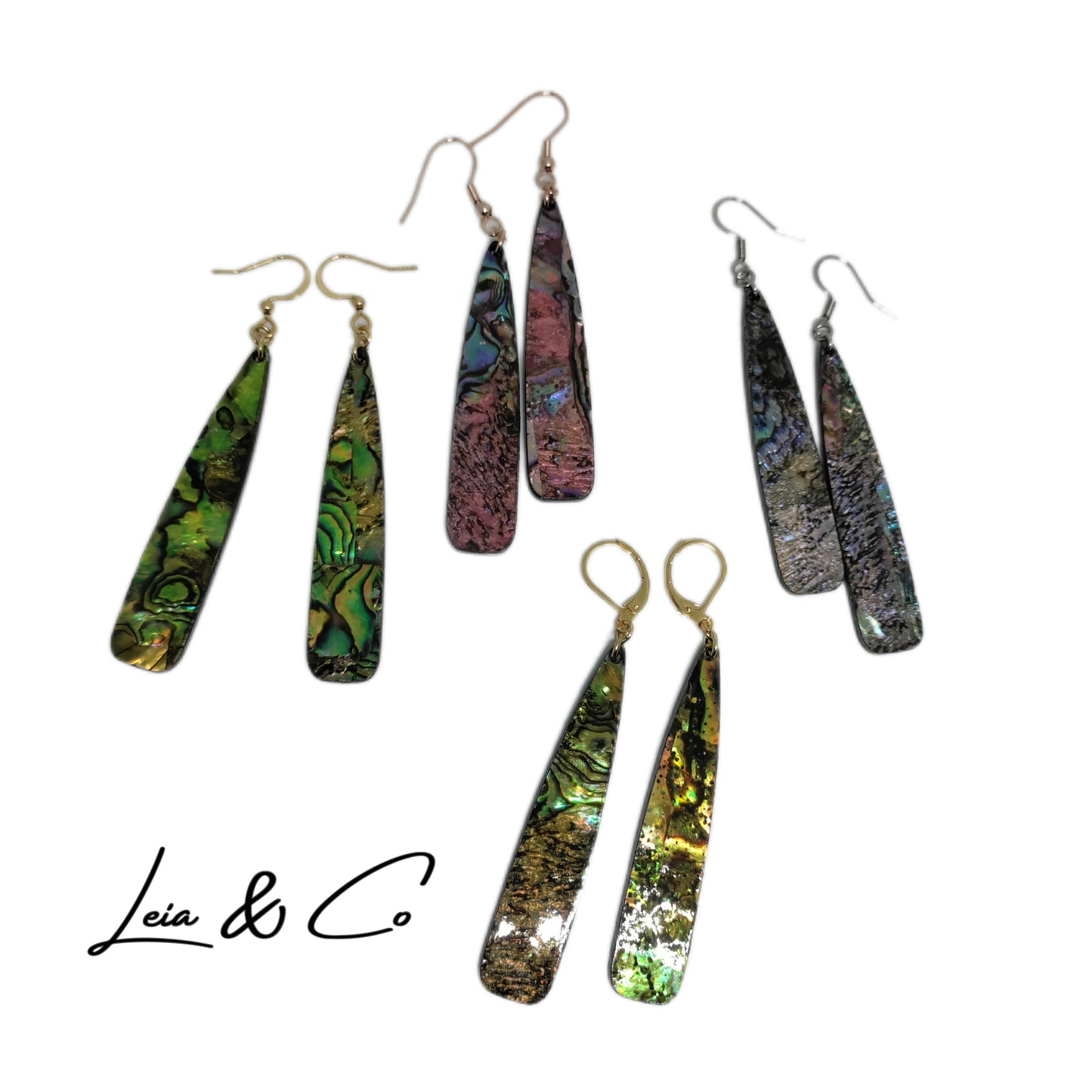 LEIA&CO long colored dangling drop earrings faux abalone shell
