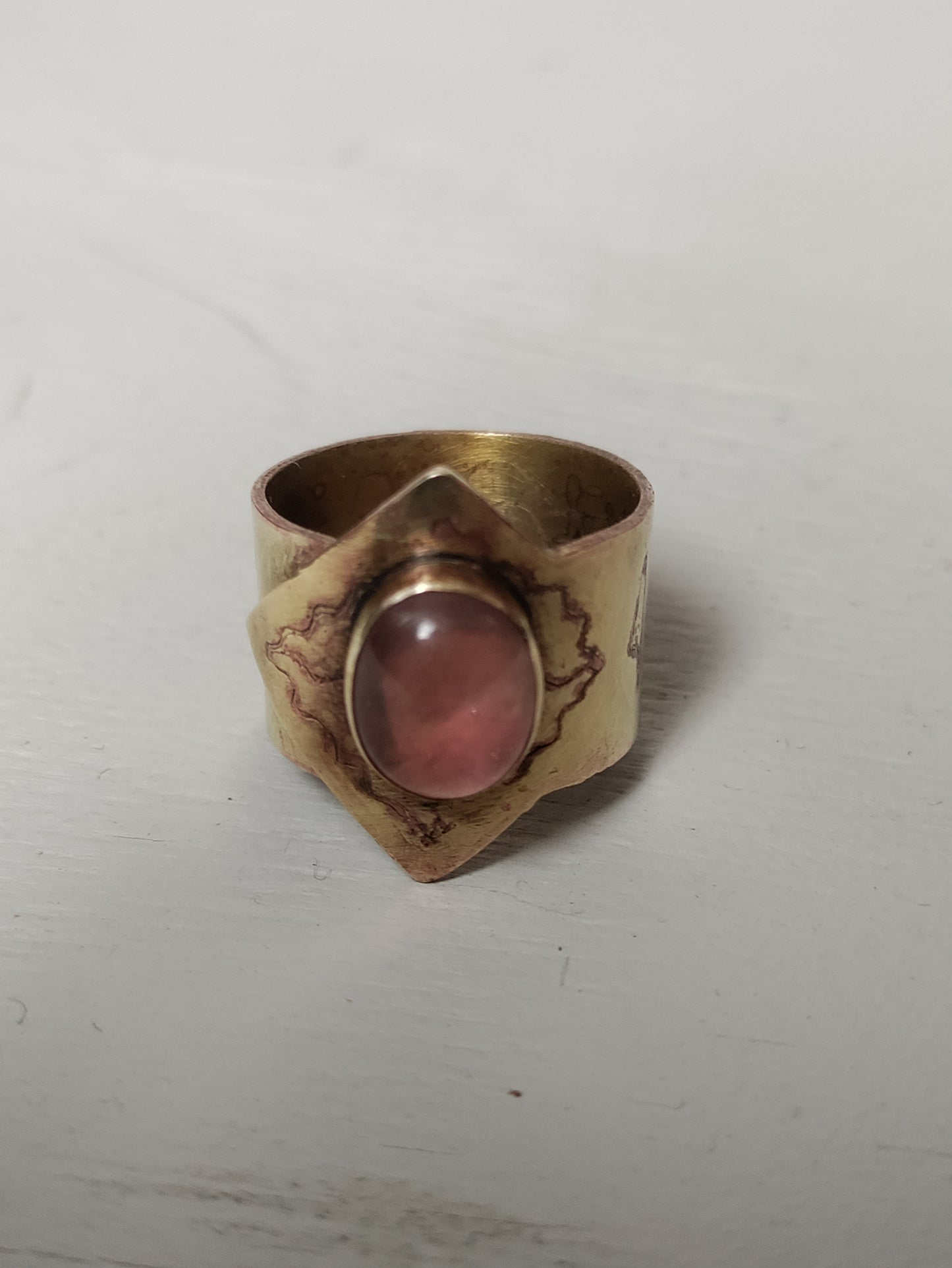 Adjustable patinated brass ring with Egyptian symbols and rose quartz LEIA&CO