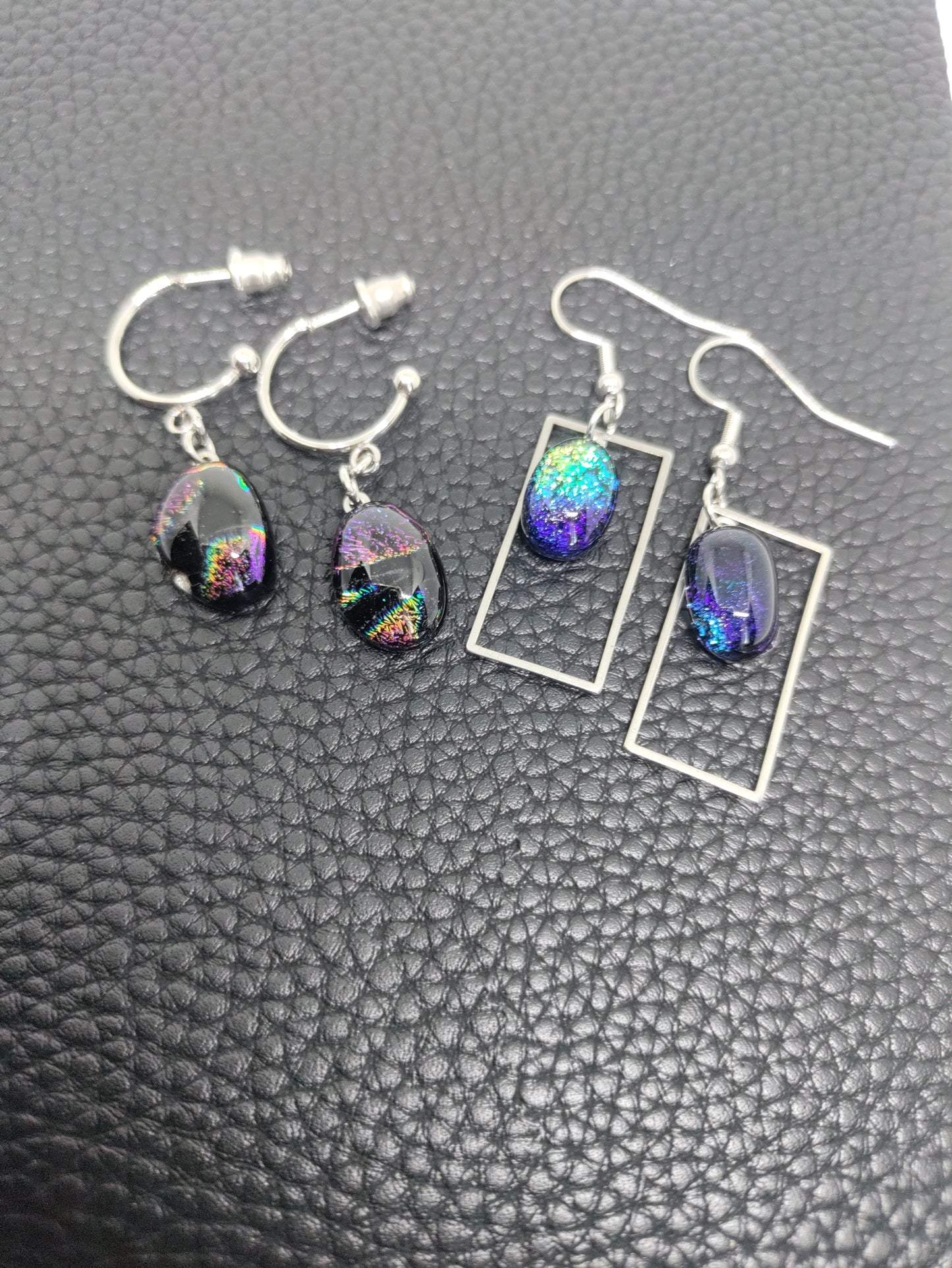 Rectangular earrings with multicolor blue dichroic glass LEIA&CO