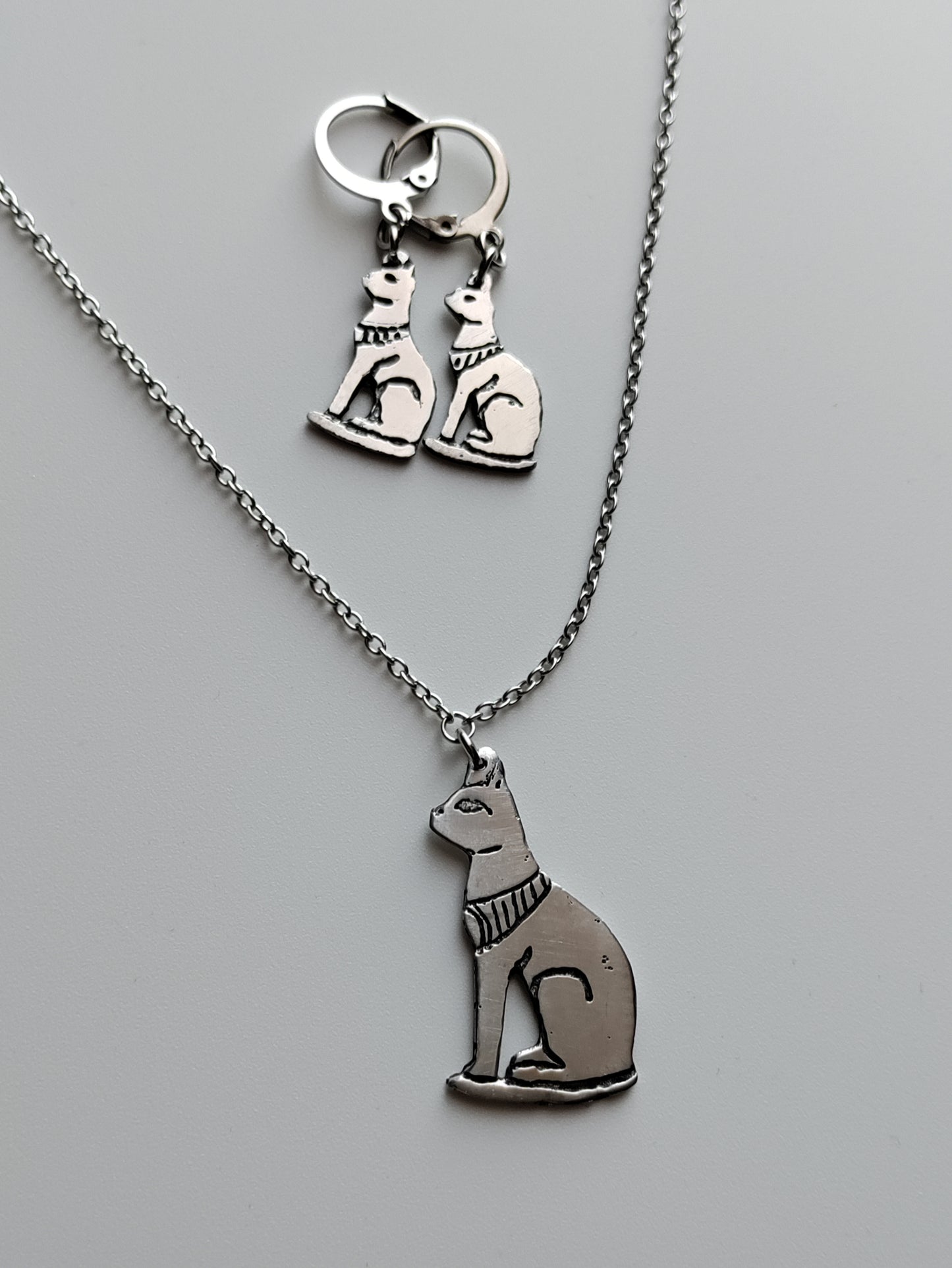 Bastet Egyptian cat goddess necklace and earrings set LEIA&CO