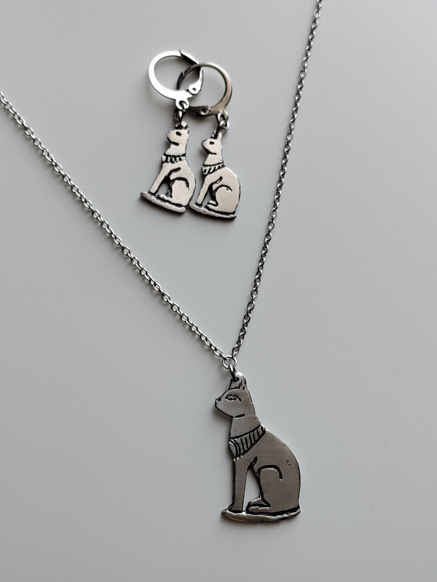 Bastet Egyptian cat goddess necklace and earrings set LEIA&CO