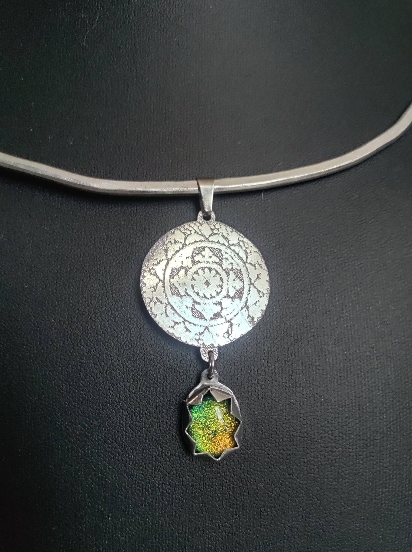 Amoghasiddhi adornment necklace with mandala and green dichroic glass LEIA&CO
