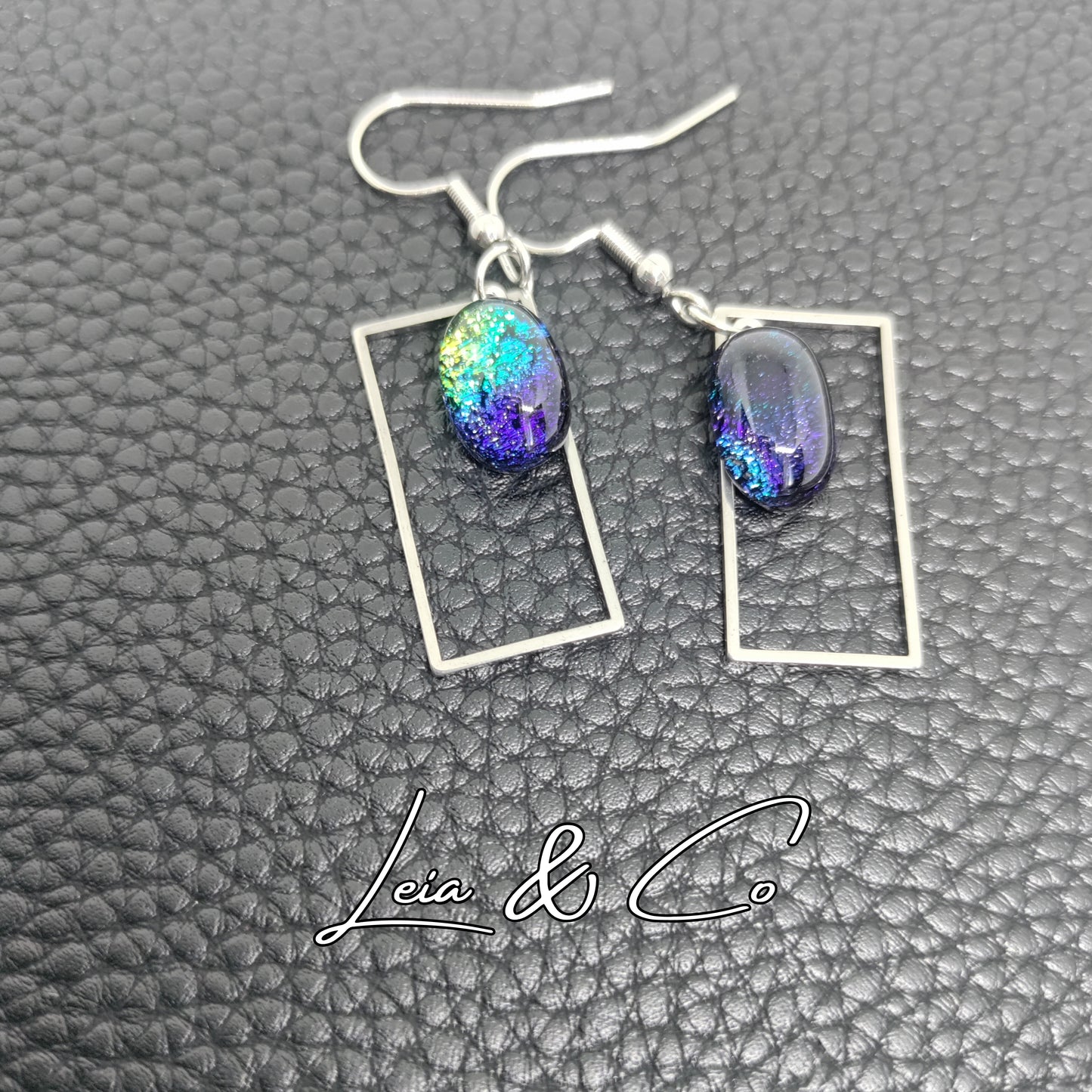 Rectangular earrings with multicolor blue dichroic glass LEIA&CO