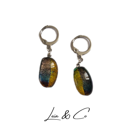 Boucles d'oreilles créoles verre dichroïque multicolore jaune bleu LEIA&CO