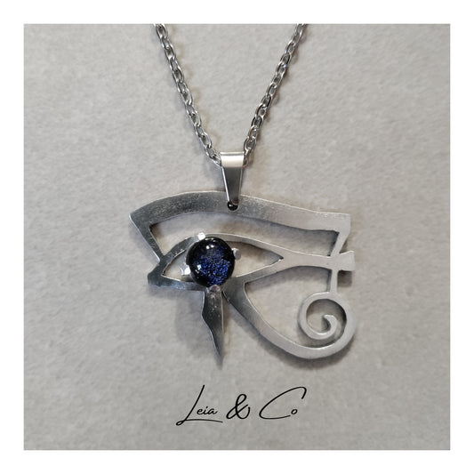 Egyptian Eye of Horus necklace, aluminium and blue glass LEIA&CO
