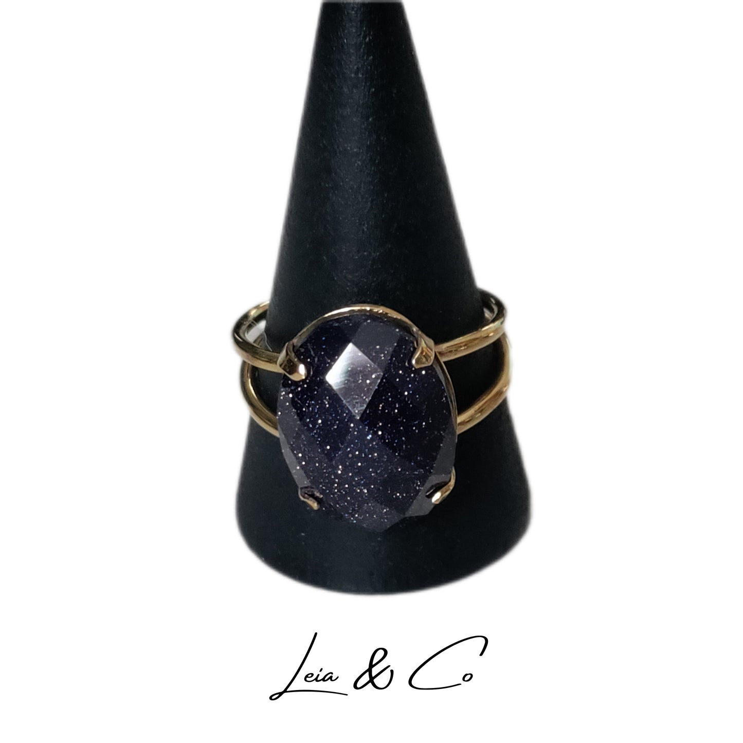 Bague artisanale double anneau avec pierre de soleil bleue à facettes LEIA&CO taille 60 FR