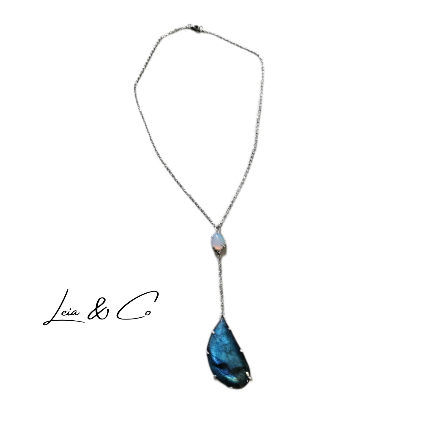 Double dangling stone necklace blue Labradorite and Opalite LEIA&CO