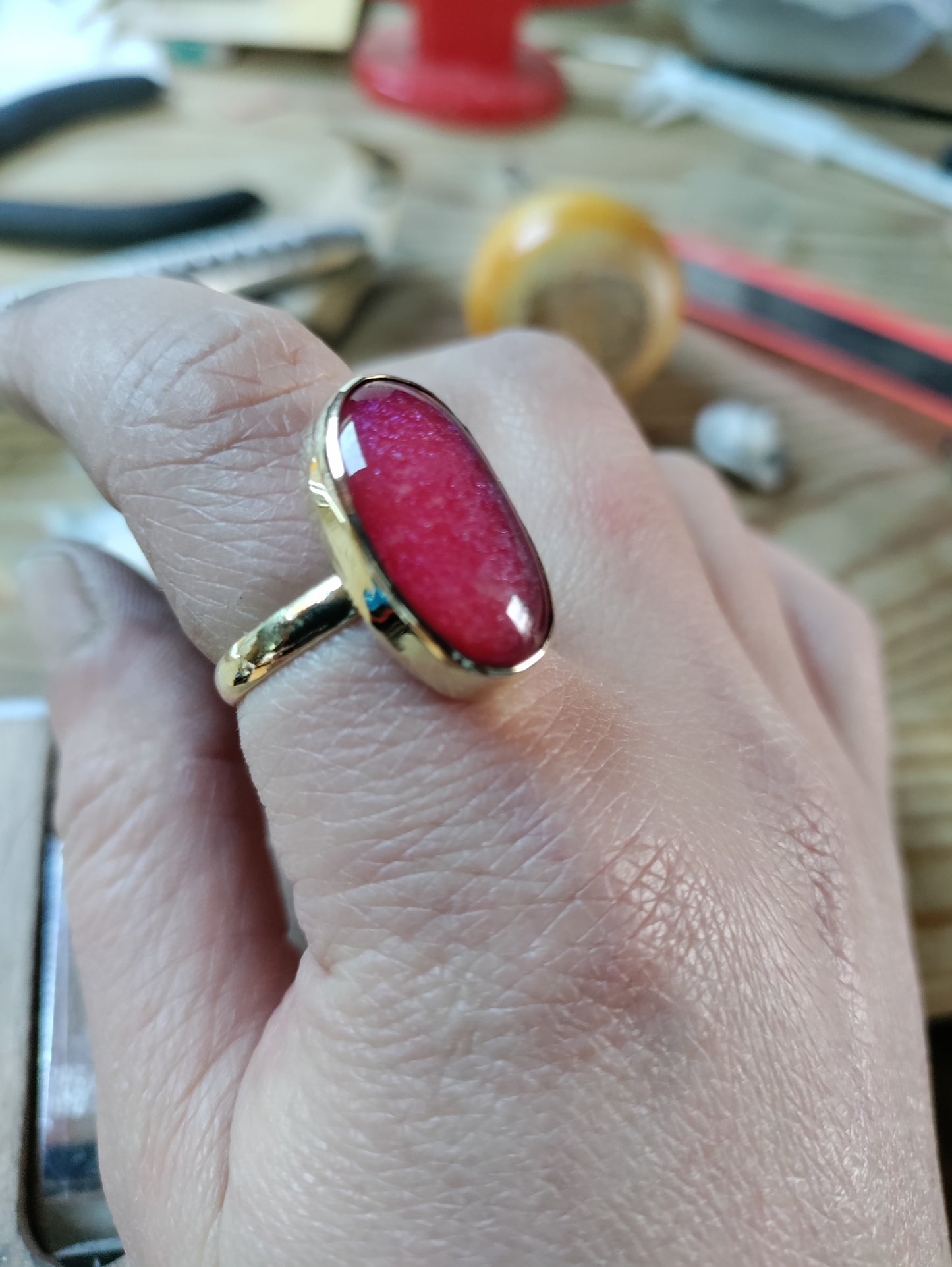 Brass ring with opalescent red rose glass cabochon for women LEIA&CO