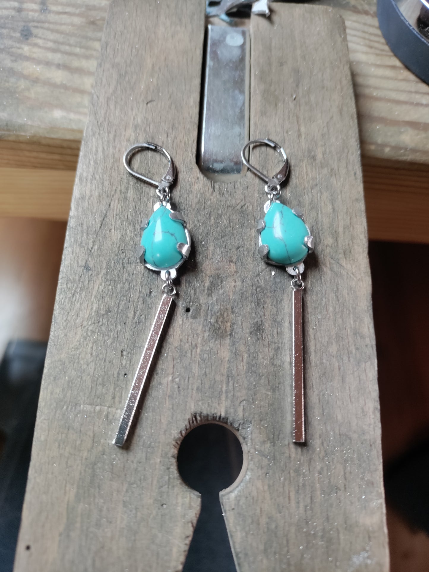 Long drop silver earrings with natural turquoise stone LEIA&CO