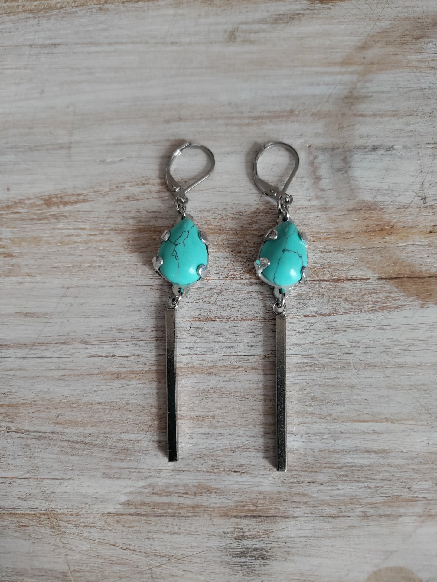 Long drop silver earrings with natural turquoise stone LEIA&CO