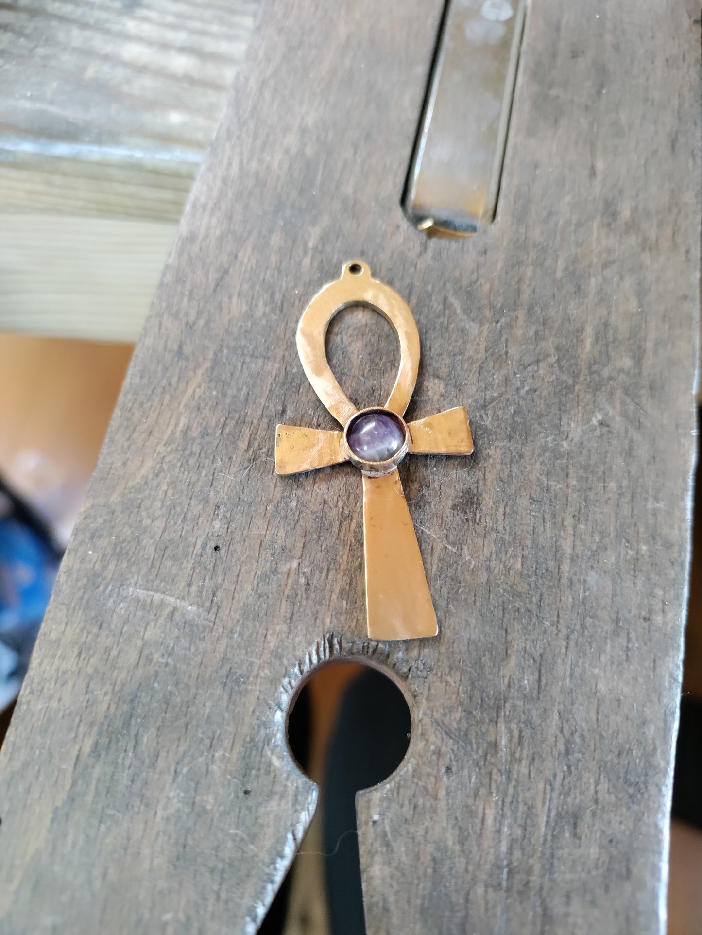 Golden brass Egyptian cross pendant Ankh with amethyst LEIA&CO