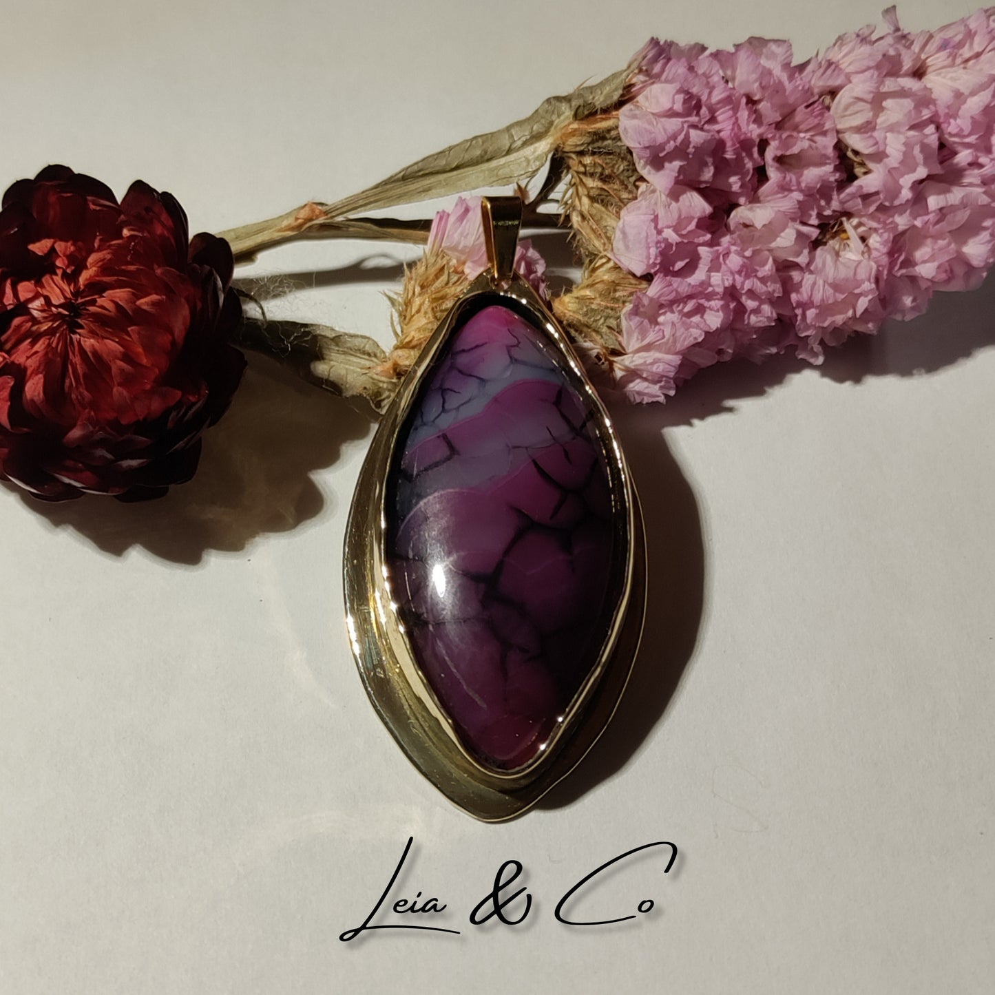 Golden brass and pink agate dragon vein pendant LEIA&CO