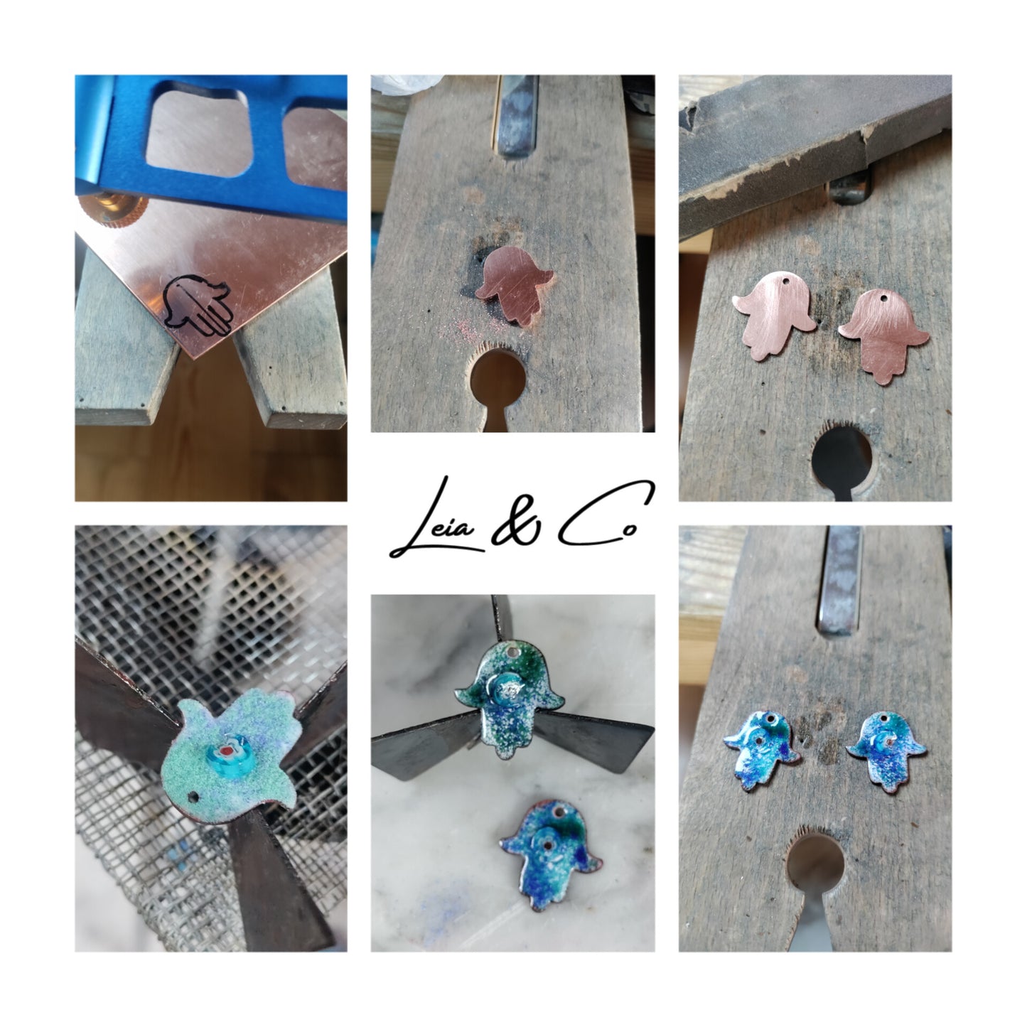 Blue Fatima Hand Khamsa enameled copper Drop Earrings LEIA&CO