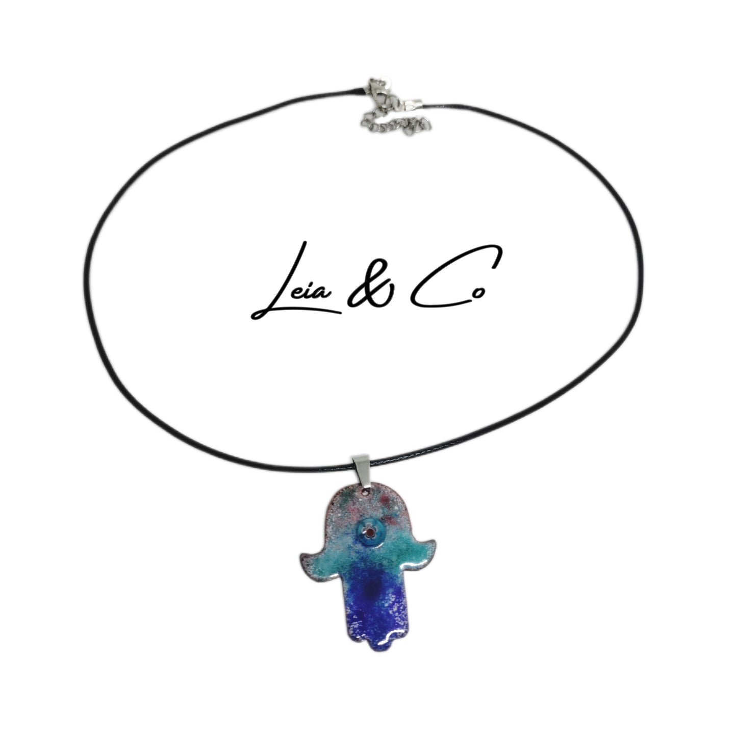 Blue Fatima Hand Khamsa enameled copper necklace LEIA&CO