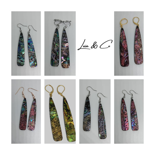 LEIA&CO long colored dangling drop earrings faux abalone shell