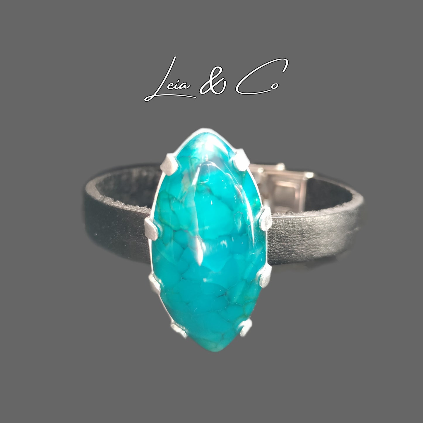 Bracelet cuir et Agate bleue veines de dragon LEIA&CO
