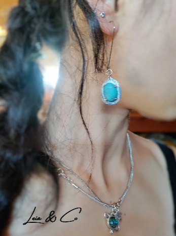 Long silver earrings with turquoise stone LEIA&CO